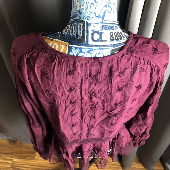 Free People Boho Hippy Floral Embroidered Sheer Paneling Long Sleeve Blouse - Picture 5 of 12